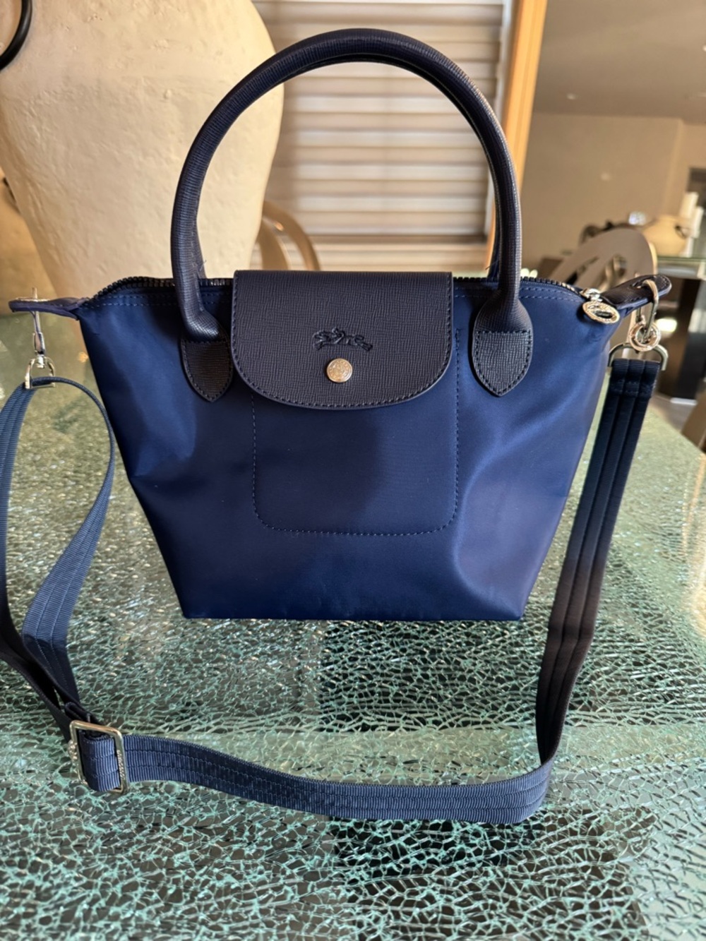 Longchamp Navy Nylon Crossbody Bag with Leather Trim
